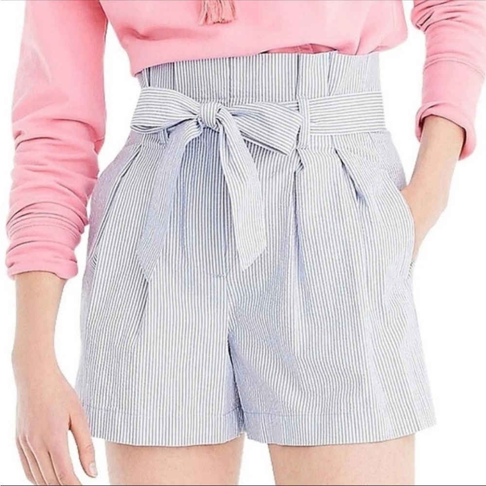 J.Crew Blue White Stripe Seersucker Paper-bag Shorts Belt Sash High Rise Sz 2